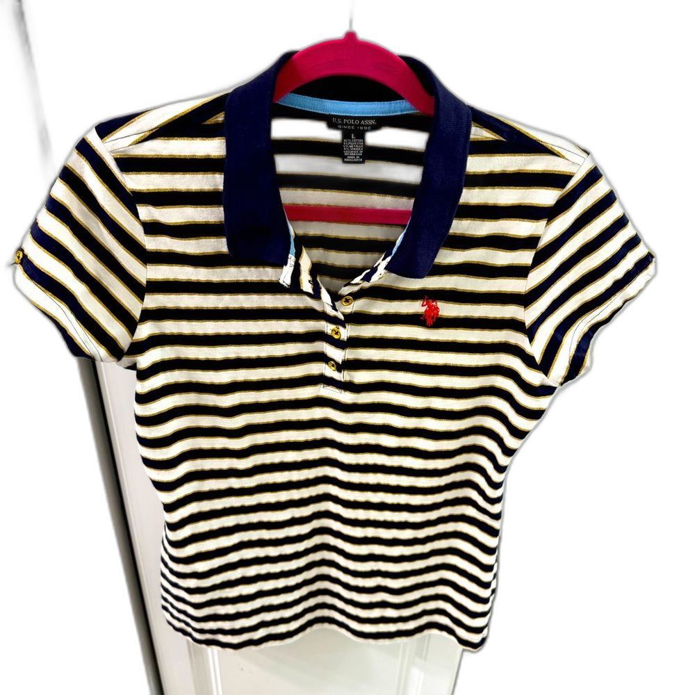 US Polo Women Striped Polo Tee Shirt Blue White Large Stretch Short sleeve